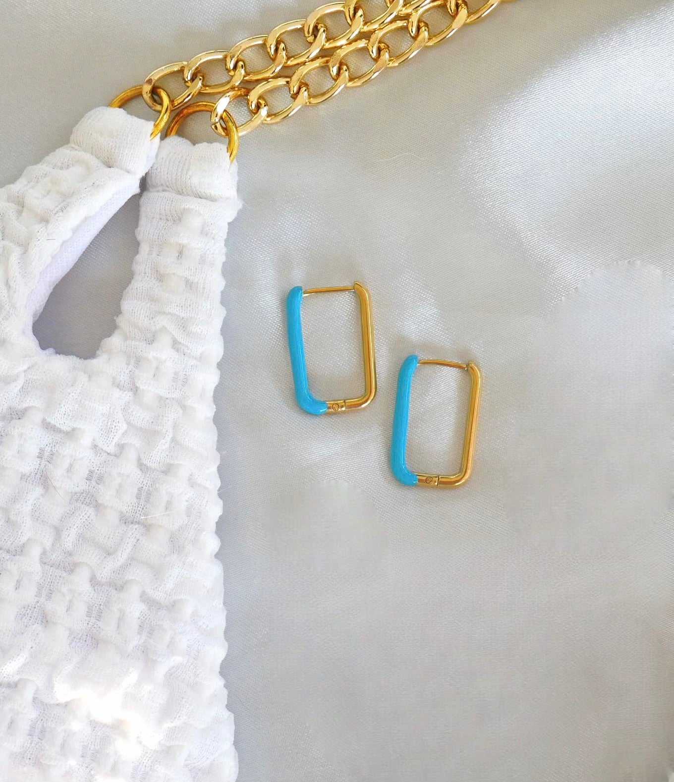 Blue Square Hoop Enamel Huggie Earrings