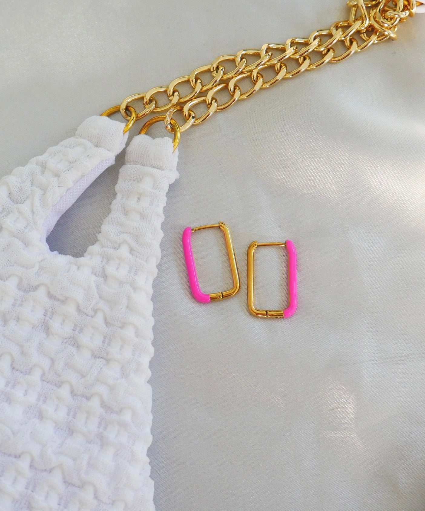 Pink Square Hoop Enamel Huggie Earrings