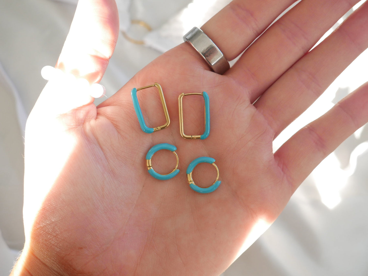 Blue Square Hoop Enamel Huggie Earrings