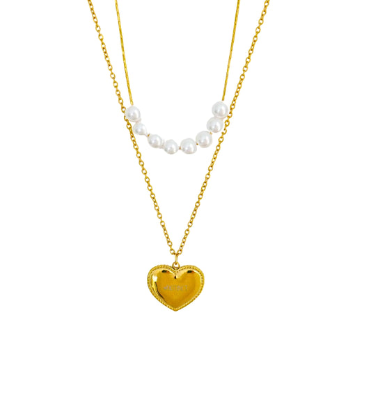 Pearl Heart Pendant Double Layered Necklace